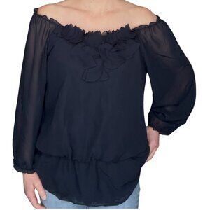 Navy chiffon ruffle off-shoulder top / Size: M